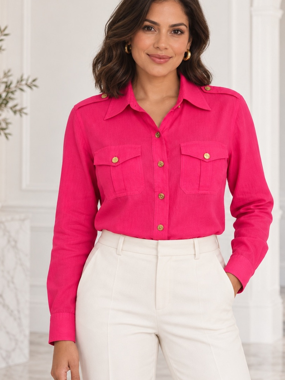 Tory Burch Fuchsia Pink Linen Utility Button Down Shirt Gold Logo Buttons Sz 10